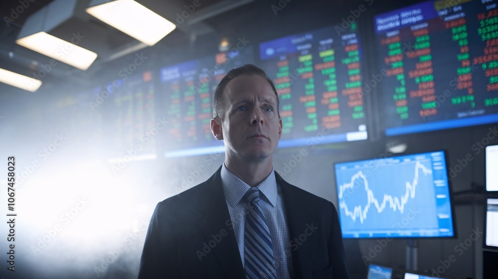 Poster focused on success: a determined businessman stands in a high-tech trading room, his eyes fixed on a