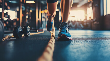 Naklejka premium Athlete working out with battle ropes in gym