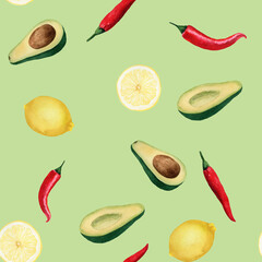 Seamless pattern with red pepper, avocado and lemon. Hand drawn watercolor illustration on green background for print, wrapping paper, textile, fabric