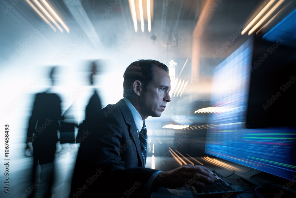 Aufkleber cybersecurity expert at work: a focused businessman intensely analyzes data on a computer screen in 