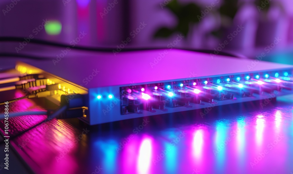Poster close-up of a router with fiber-optic cables connected, emitting intense light to signify high-speed