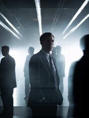 Secretive Corporate Figure: A mysterious businessman stands out in a dimly lit room, surrounded by blurred figures. The atmosphere is intense and secretive. This image evokes intrigue and power.