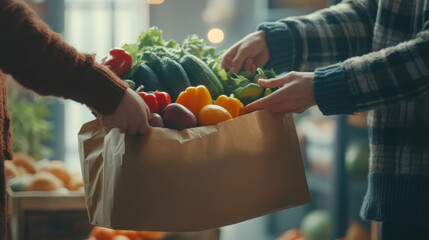 Hands exchanging paper bag of fresh vegetables in grocery store setting for marketing and design