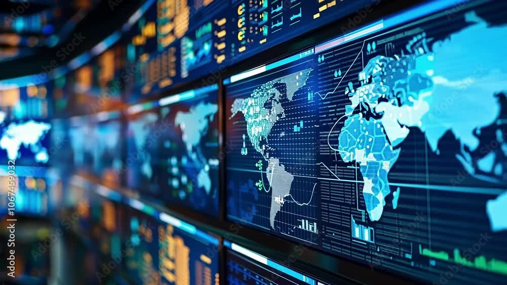 Poster monitoring global safety and security with multiple screens, world map, and data analysis, showcasin