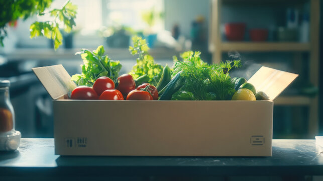 Fresh produce delivery box in sunlit kitchen for farm-to-table concept