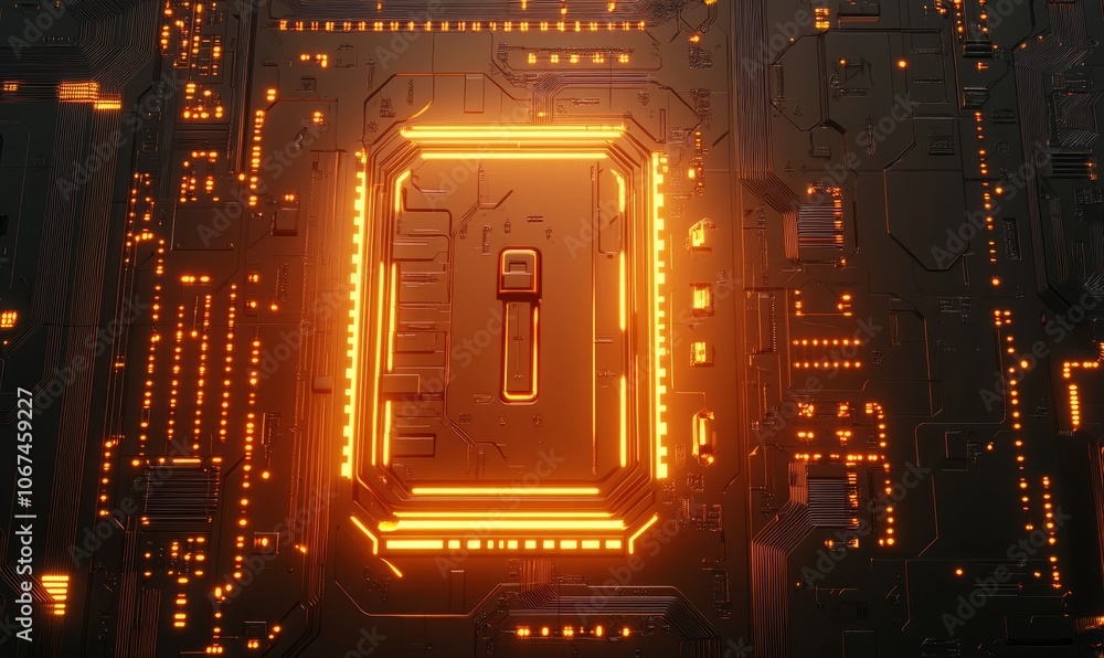 Poster digital lock icon with glowing circuits, futuristic design