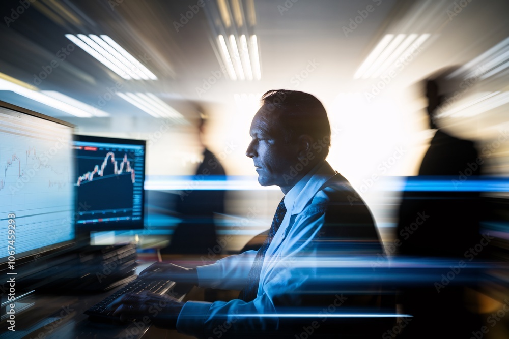 Poster night trader: a focused businessman analyzes financial data on multiple computer screens in a fast-p