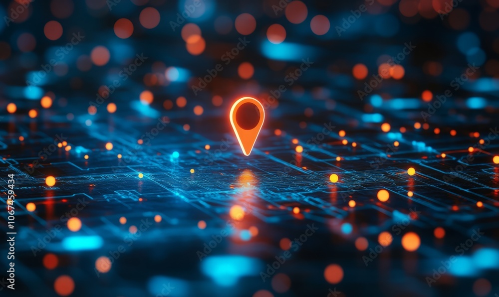 Aufkleber digital map pointer on a network background, highlighting location tracking technology