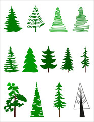 Set of various Christmas trees, on a white background, vector drawing, green Christmas trees