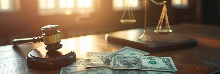 Close-up of a gavel and cash on a table, symbolizing the intersection of justice and business. AI generated illustration