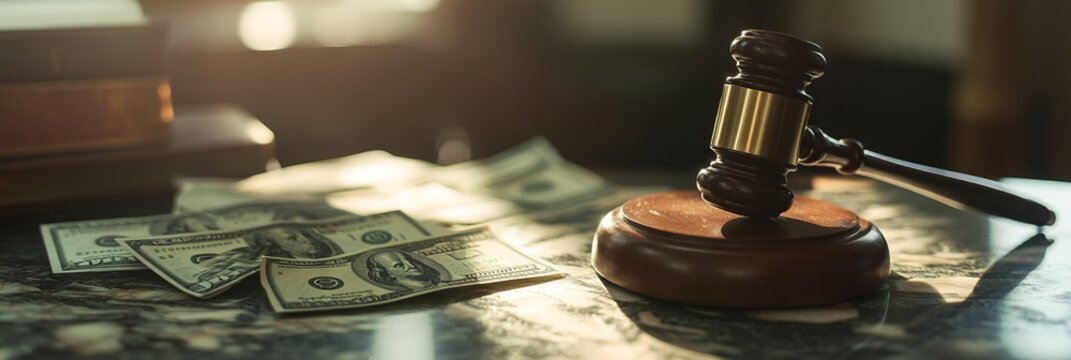 Close-up of a gavel and cash on a table, symbolizing the intersection of justice and business. AI generated illustration