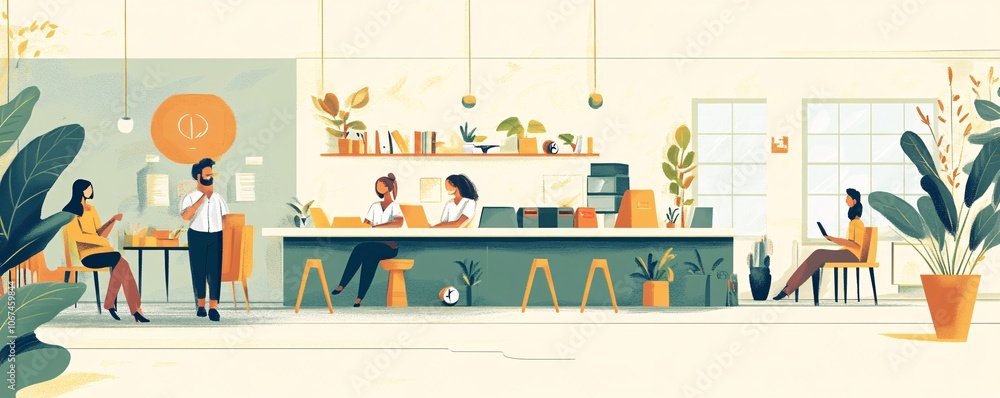 Poster office workers enjoying break time, relaxing and chatting in modern coworking space