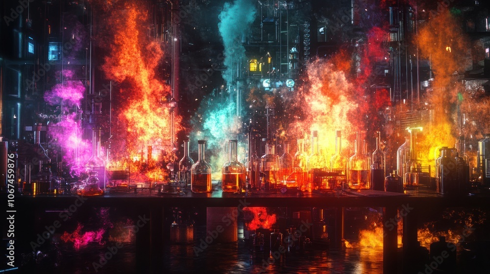 Poster a laboratory table with various bottles and beakers, some are releasing colorful smoke and flames, a