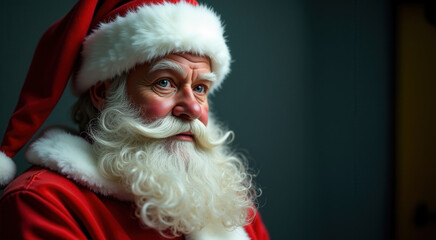 Santa Claus is depicted with his vibrant red suit and fluffy white beard, exuding festive warmth and joy.