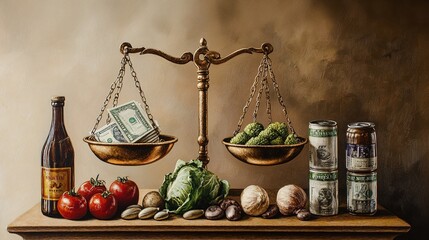 Balancing Inflation: Money vs. Groceries on a Scale Symbolizing Economic Struggles