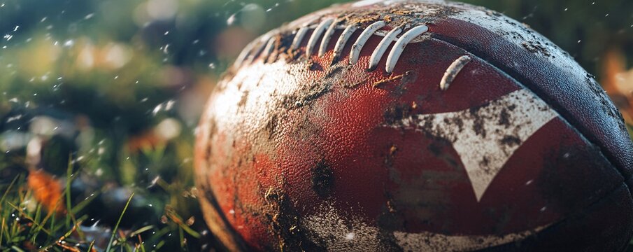 Muddy football lying on grass field after the big game