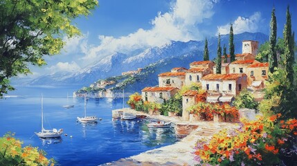 Fototapeta premium Mediterranean village by the sea with mountains and boats. AI generated illustration.