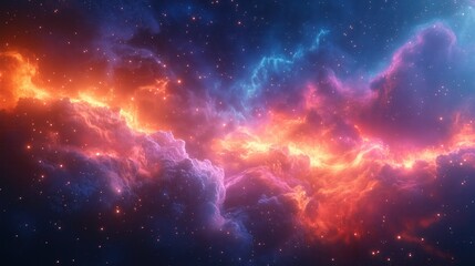 A vibrant cosmic scene featuring a colorful galaxy with clouds of dust and gas