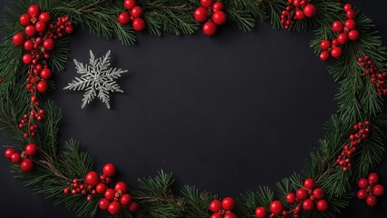 Elegancia festiva: Corona de Navidad con esferas rojas en fondo de pizarra negra. Postal de Navidad