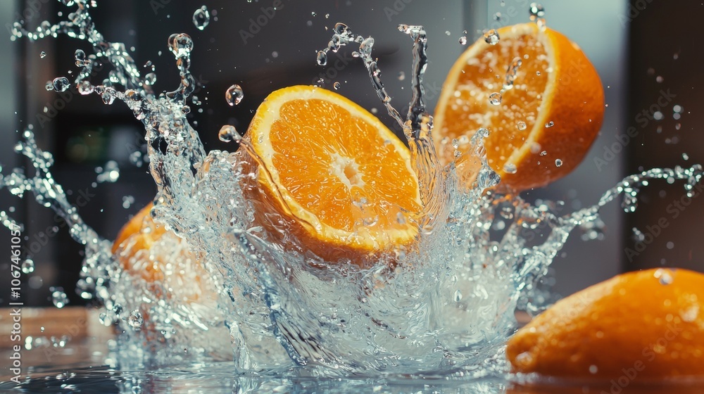 Poster fresh orange slices splashing in water with dynamic motion