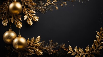 Bolas doradas de Navidad con hojas decorativas doradas en fondo de pizarra de color negro. Tarjeta navideña