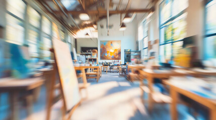 Obraz premium A vibrant school art studio bustling with students and creative supplies in an impressionistic blur