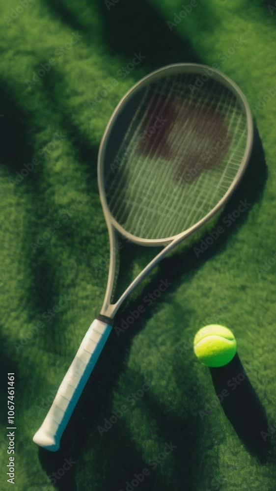 Aufkleber tennis racket and ball lying on a green surface, creating a sporting still life evoking the atmosphe