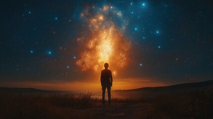 rear view man looking at the bright fireworks flash in the night sky