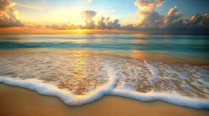 Golden sunrise over the ocean with foamy waves on the sandy beach.