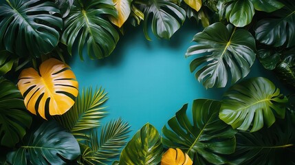 Fototapeta premium vibrant tropical frame filled with exotic jungle plants and palm leaves creating a lush backdrop for text placement emphasizing natures beauty in a vibrant setting
