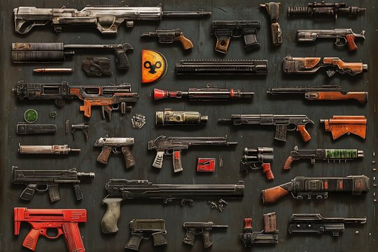 Vintage military elements set with grenade and rocket launchers sniper and automatic assault rifles pistols bullets and bullet holes isolated vector illustration
