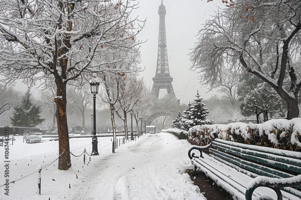Poster eiffel tower in winter transportation architecture eiffel tower.