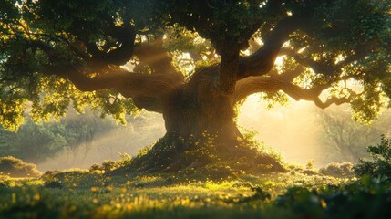 Obraz premium A majestic, ancient oak tree stands tall in a sunlit forest, its branches reaching towards the sky, creating a sense of wonder and awe.