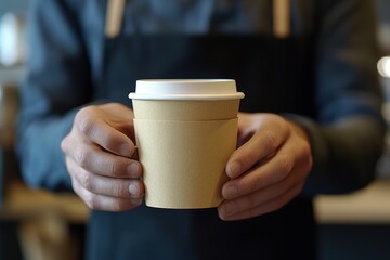 Barista in apron presents takeaway coffee cup