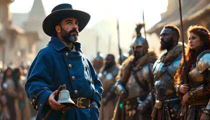 a man in a blue uniform stands in front of a group of soldiers.