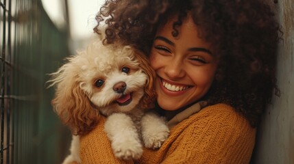 A young woman with curly hair is smiling while holding her dog, a small white and brown poodle, in her arms. They are both looking at the camera.