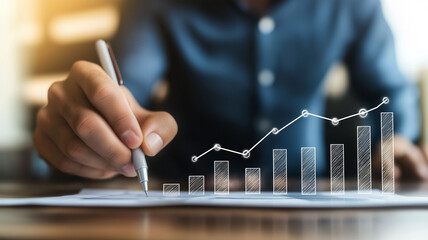 Businessman analyzing financial growth chart using pen and paper