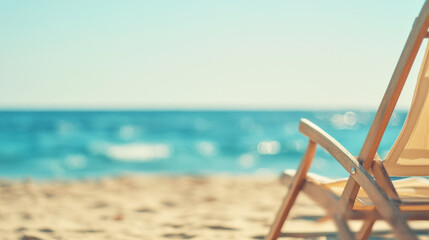 Peaceful beach with empty lounge chairs under a bright sun by the calm ocean waters