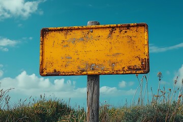 old Secure railroad crossing sign is on sky background.
