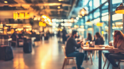 Obraz premium Dining in a modern airport caf? with large glass walls and blurred passenger activity