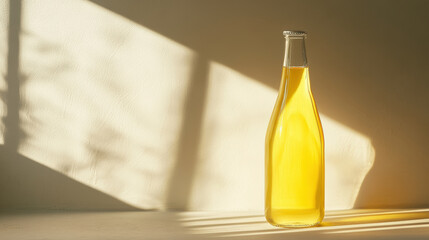 minimalistic juice bottle with golden liquid, illuminated by soft sunlight, creating serene atmosphere