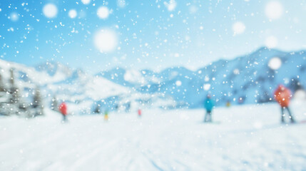 Blurred snowy landscape with skiers enjoying a peaceful day at a ski resort in winter