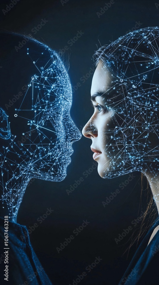Poster woman and artificial intelligence face to face exchanging data and connecting