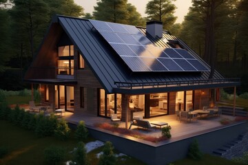 Cozy house with solar panels on the roof architecture building outdoors.