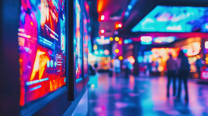 A vibrant cinema lobby adorned with neon lights and movie posters at night