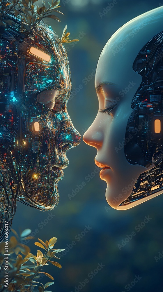 Poster two robots showing affection and embracing future technology