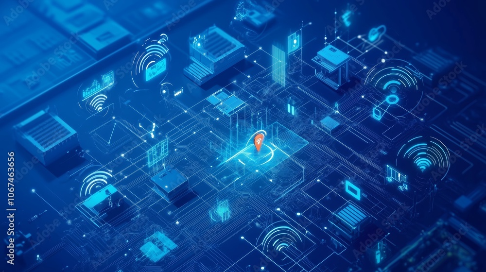 Poster digital network connections with location pin and data visualizations in blue tones