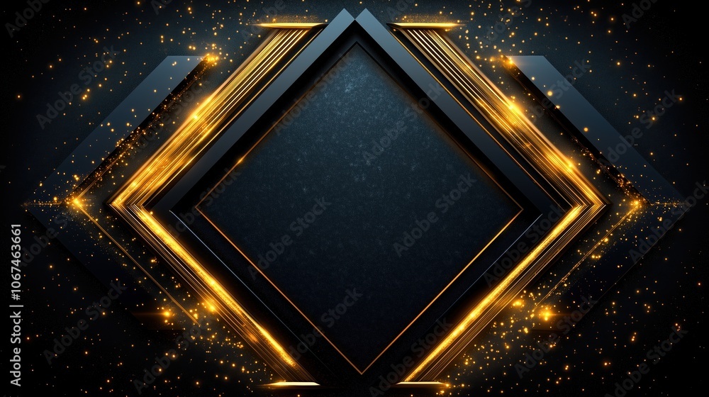 Poster black and gold frame with a square in the middle. the frame is surrounded by a lot of sparkles