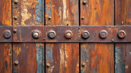 Fototapeta premium A close-up of a weathered wooden door with metal reinforcements and rusted bolts.
