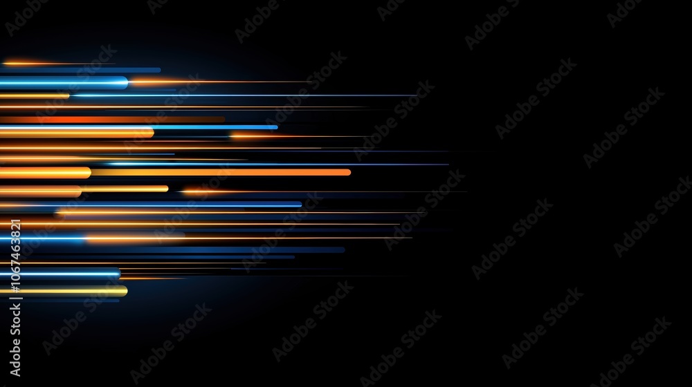 Poster black background with orange and blue lines. the lines are bright and colorful, creating a sense of 